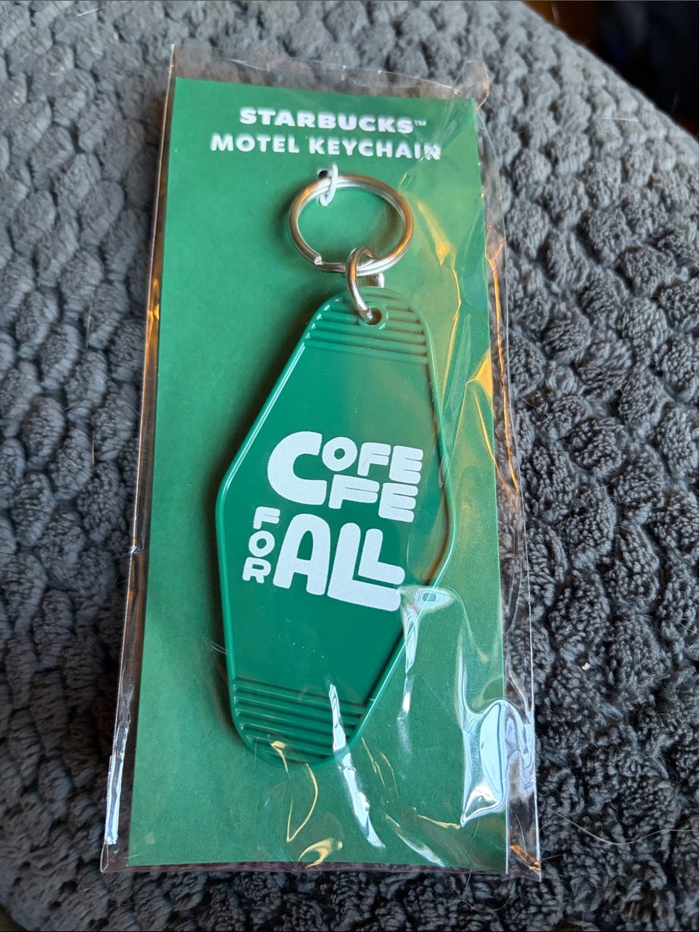 Starbucks Green Motel Keychain with White 'COFE FOR ALL' Graphic